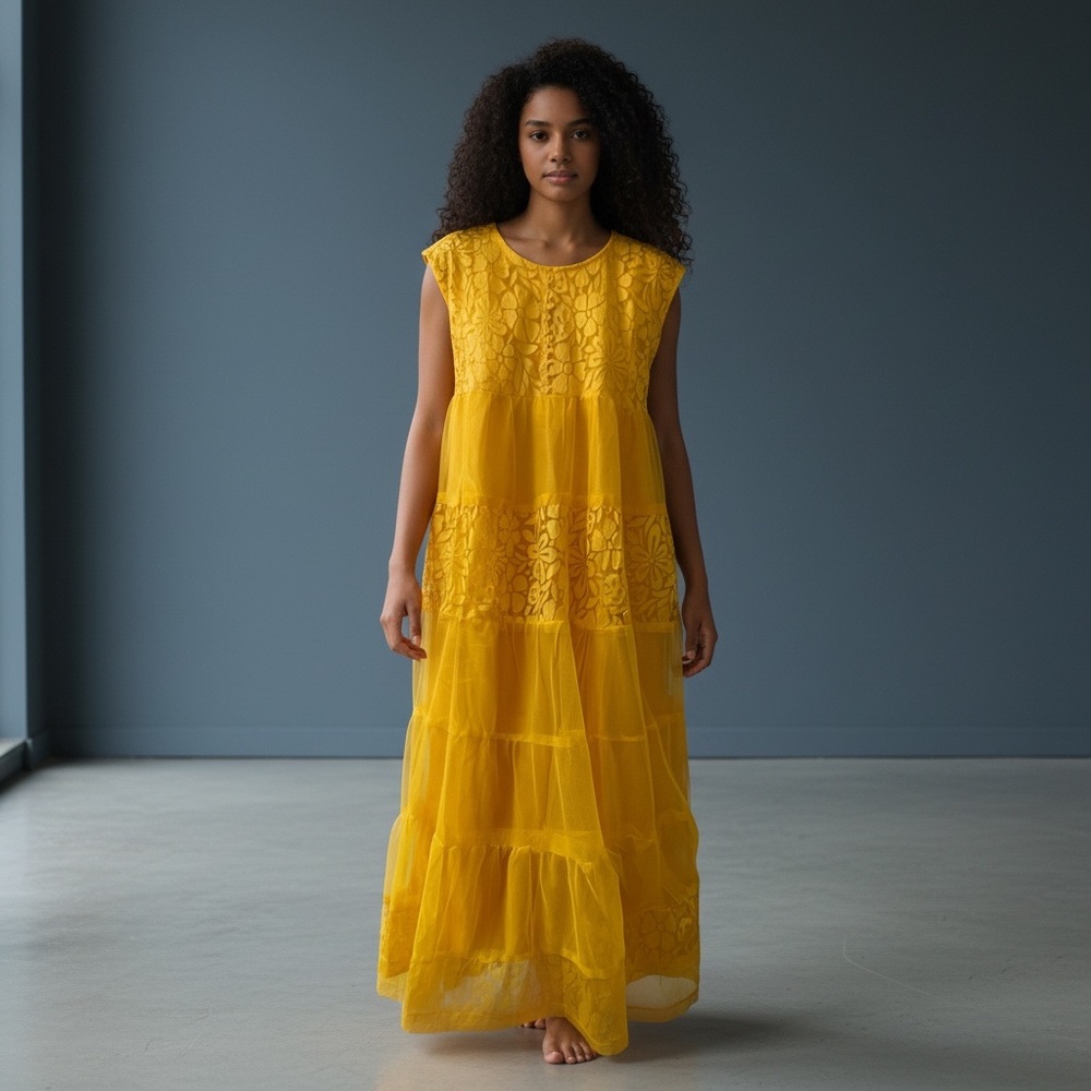 ❤️ Vintage Hand Crafted Bohemian Yellow Chiffon Overlay Maxi Dress